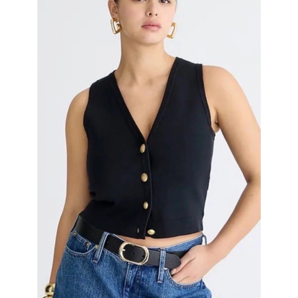 J.Crew Emilie Black V-Neck Sleeveless Sweater Vest Gold Buttons Size XL